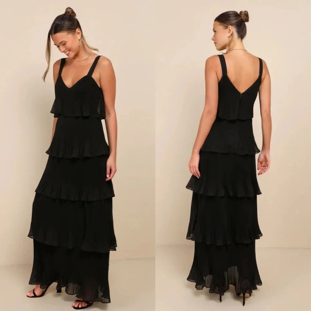 Lulus Elegant Nature Black Pleated Sleeveless Tiered Maxi Dress Wedding Party